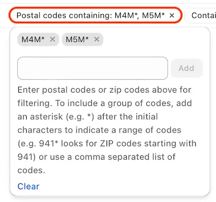The EasyRoutes Orders page postal code filter, circled, reading Postal codes containing: M4M*, M5M* with those codes entered below