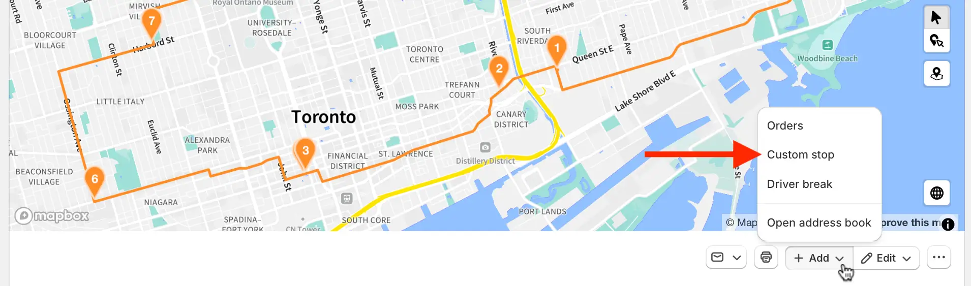 The EasyRoutes Route page map of a Toronto route with the + Add menu open and an arrow pointing to Custom stop