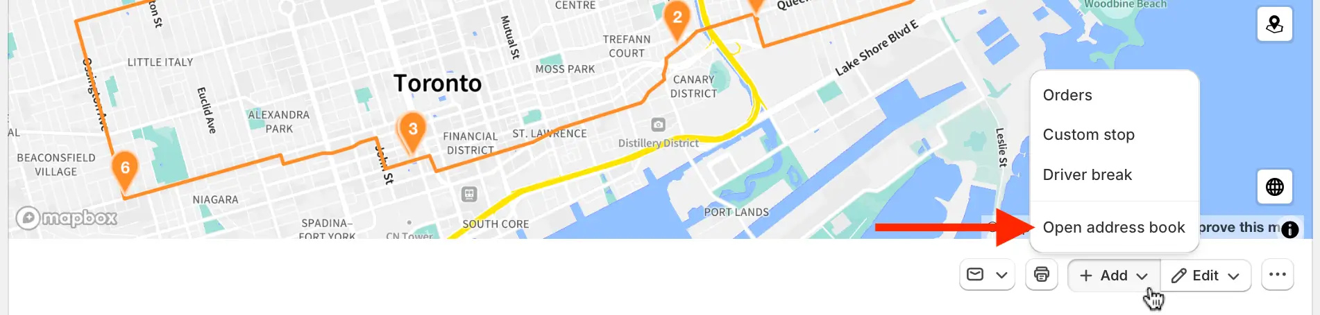 The EasyRoutes Route page with the + Add menu open below the map and an arrow pointing to Open address book