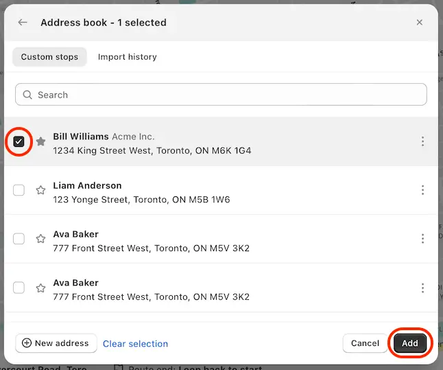 The EasyRoutes Address book panel with one saved custom stop ticked and the Add button circled at the bottom right