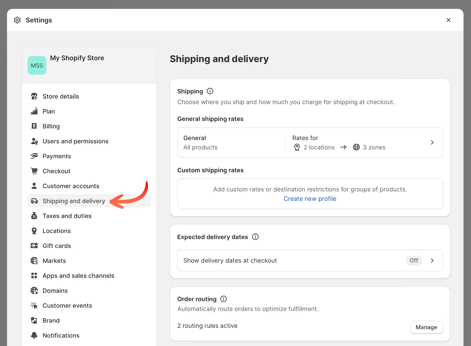 The Shopify Settings sidebar with an arrow pointing to Shipping and delivery, whose page opens on the right