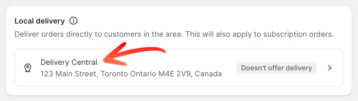 The Local delivery section in Shipping and delivery settings, with an arrow pointing to the Delivery Central location marked Doesn't offer delivery