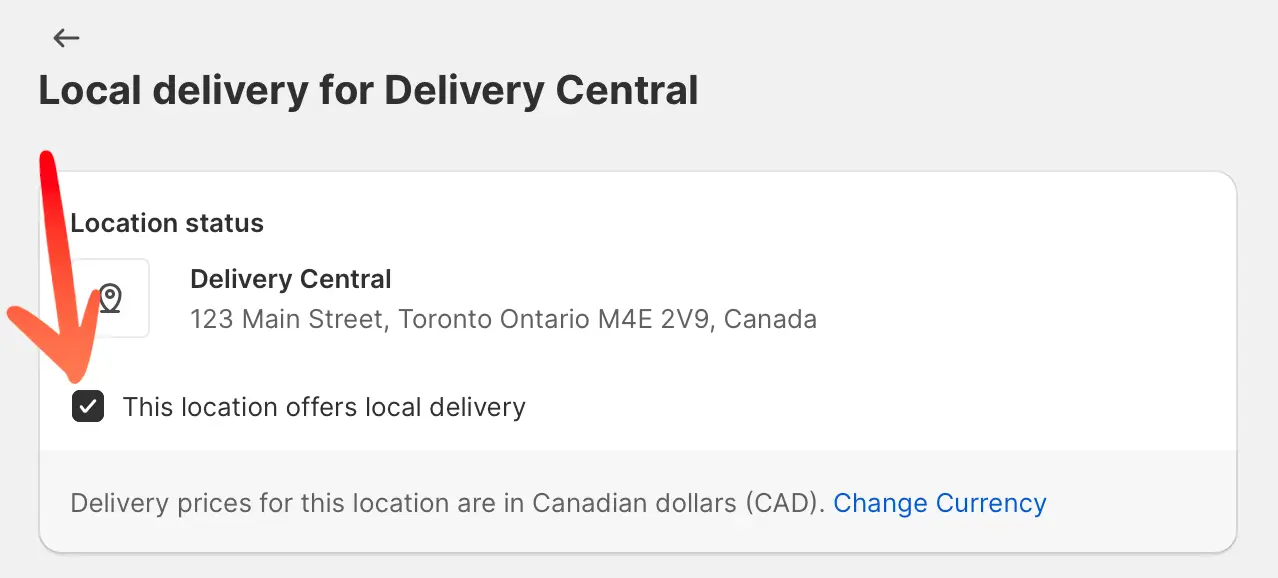 The Local delivery for Delivery Central page with an arrow pointing to the ticked This location offers local delivery checkbox