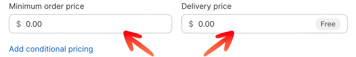 The Minimum order price and Delivery price fields, both at $0.00 and marked with arrows, with the delivery price labelled Free