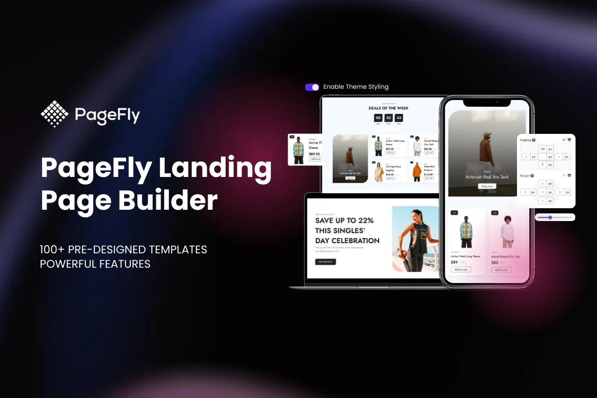 A PageFly Landing Page Builder banner promising 100+ pre-designed templates, with sample storefront pages on a laptop, tablet and phone