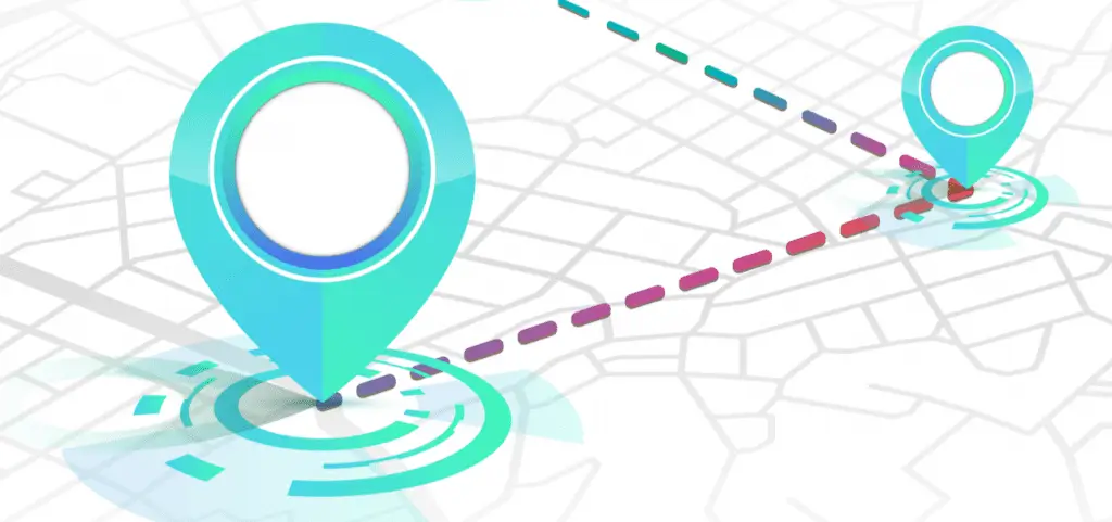 An illustration of two teal map pins on a grey street grid, joined by a dashed route line