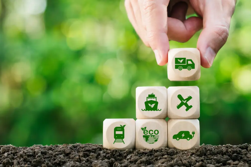A hand stacking wooden blocks printed with green transport icons: a leaf-marked truck, ship, plane, train, electric car and an eco globe