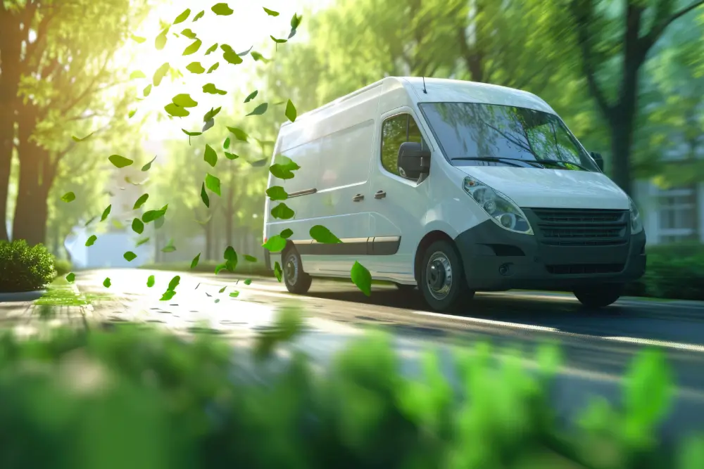 A white delivery van on a tree-lined road with green leaves swirling behind it