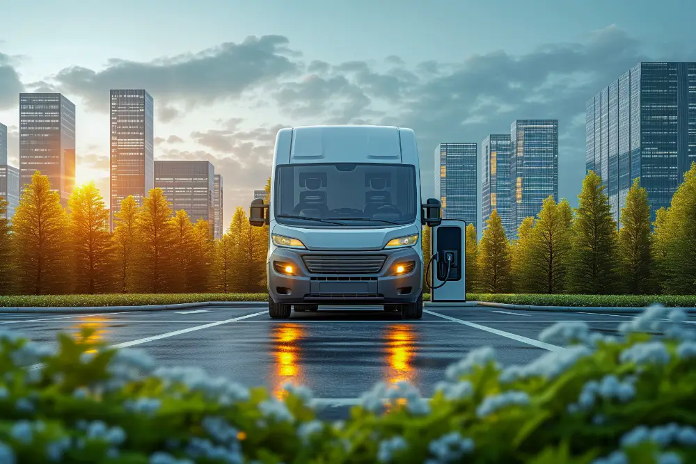 A white electric delivery van at a charging point, a city skyline behind it at sunrise