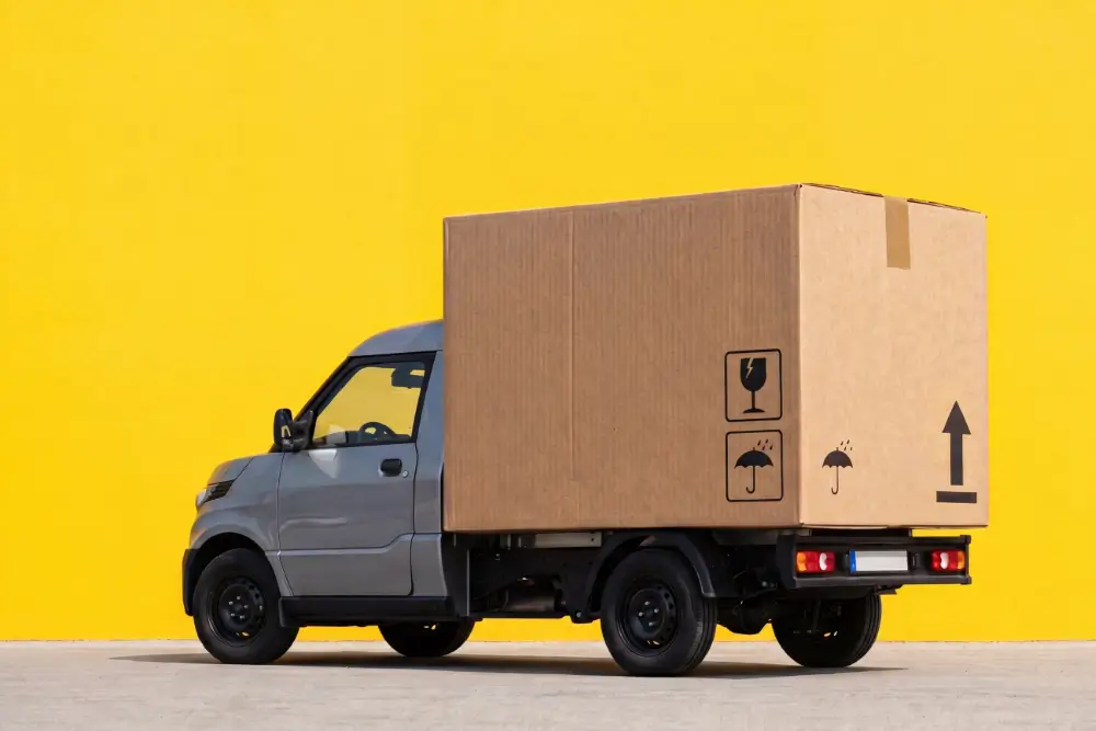 A small grey electric truck carrying one oversized cardboard box marked fragile and keep dry, parked against a yellow wall