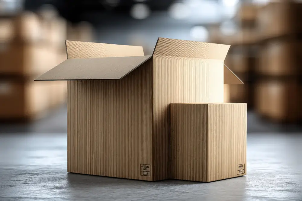 A large open cardboard box beside a small, snugly sized one on a warehouse floor