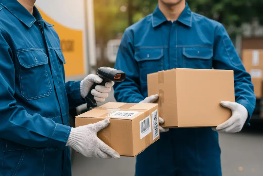 Two delivery workers in blue uniforms and white gloves holding cardboard boxes, one scanning a barcode label