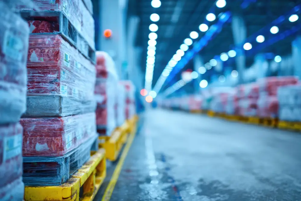 Shrink-wrapped pallets of frozen goods stacked along the aisle of a brightly lit cold storage warehouse