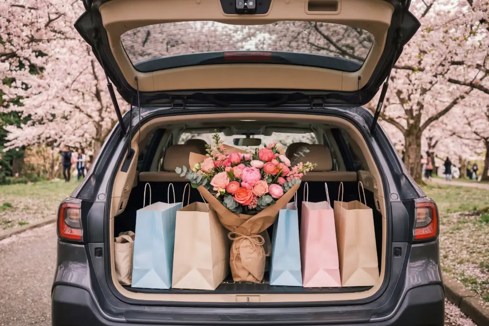 An open car hatch loaded with a wrapped bouquet of pink and coral roses and pastel shopping bags, parked under cherry blossoms