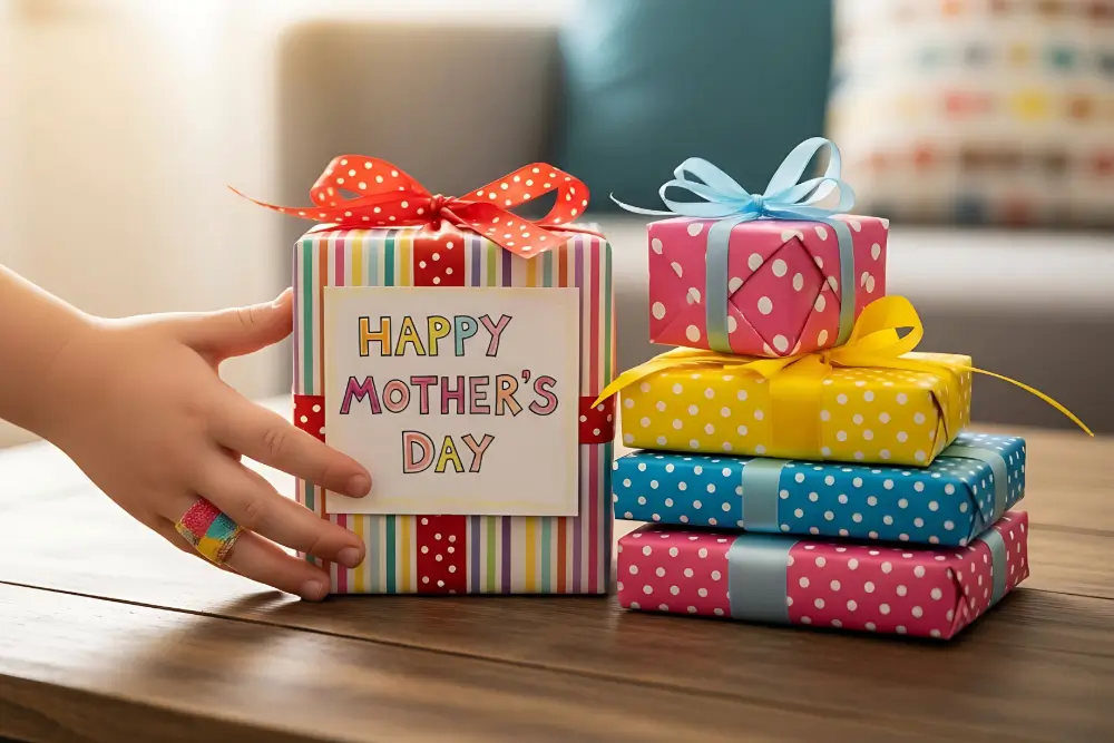 A child’s hand reaching for a striped gift tagged “Happy Mother’s Day” beside a stack of polka-dot wrapped presents on a wooden table