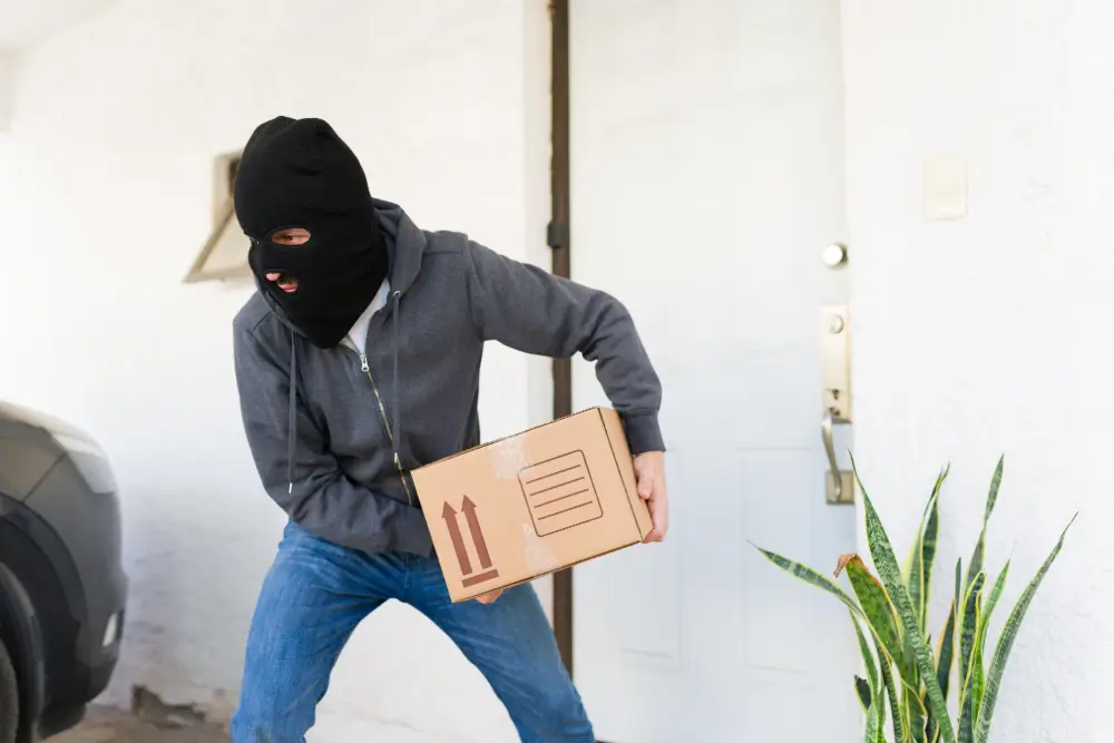 A person in a black balaclava hurries away from a front door carrying a stolen parcel