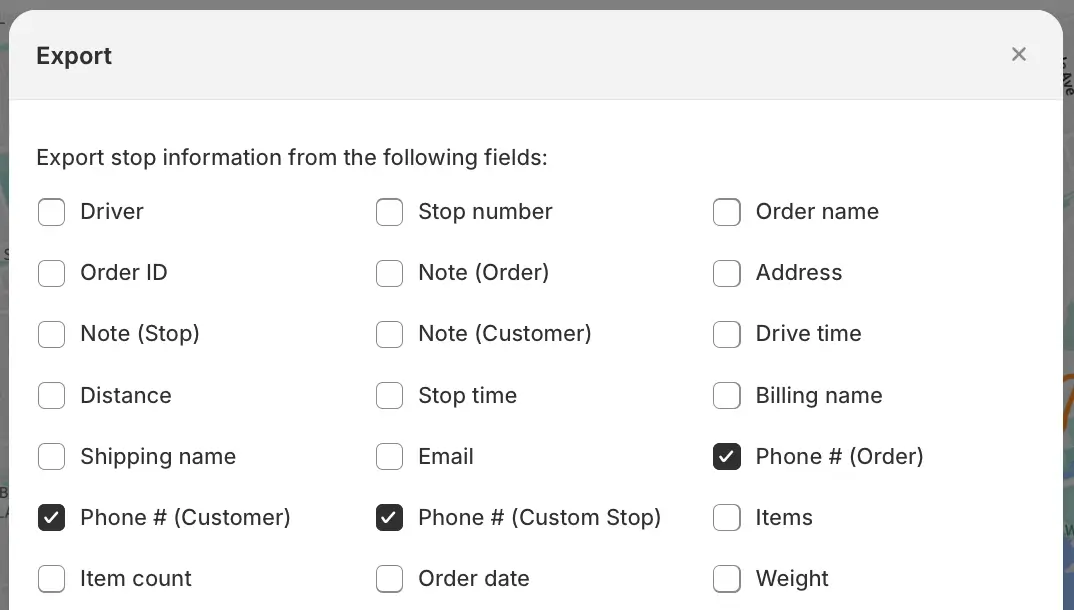 The route Export dialog with Phone # (Order), Phone # (Customer) and Phone # (Custom Stop) ticked among the stop fields