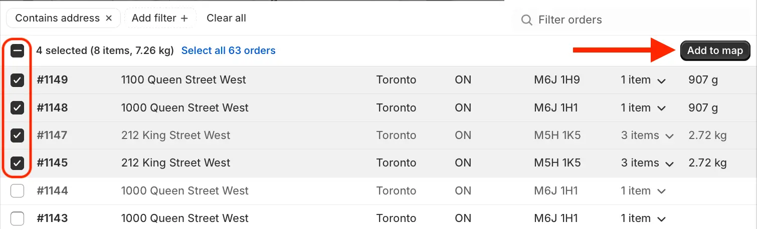 The Orders page with four Toronto orders ticked, their checkboxes circled, and an arrow pointing to the Add to map button now at the table’s upper right