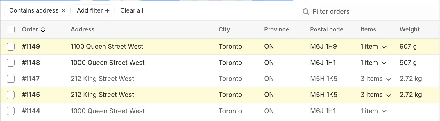 The Orders table with duplicate orders #1149 and #1145 shaded yellow among other Toronto orders