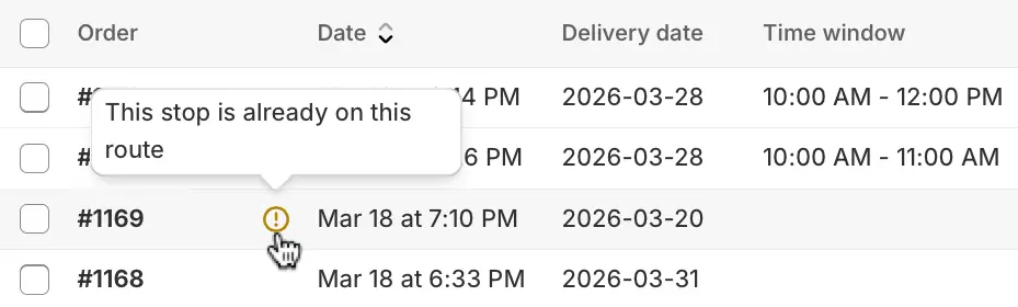 The Add orders table with a warning badge beside order #1169 and its tooltip reading “This stop is already on this route”