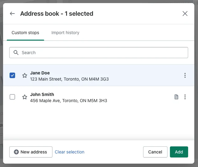 The Address book panel on its Custom stops tab, with one of two saved entries selected and New address and Add buttons below