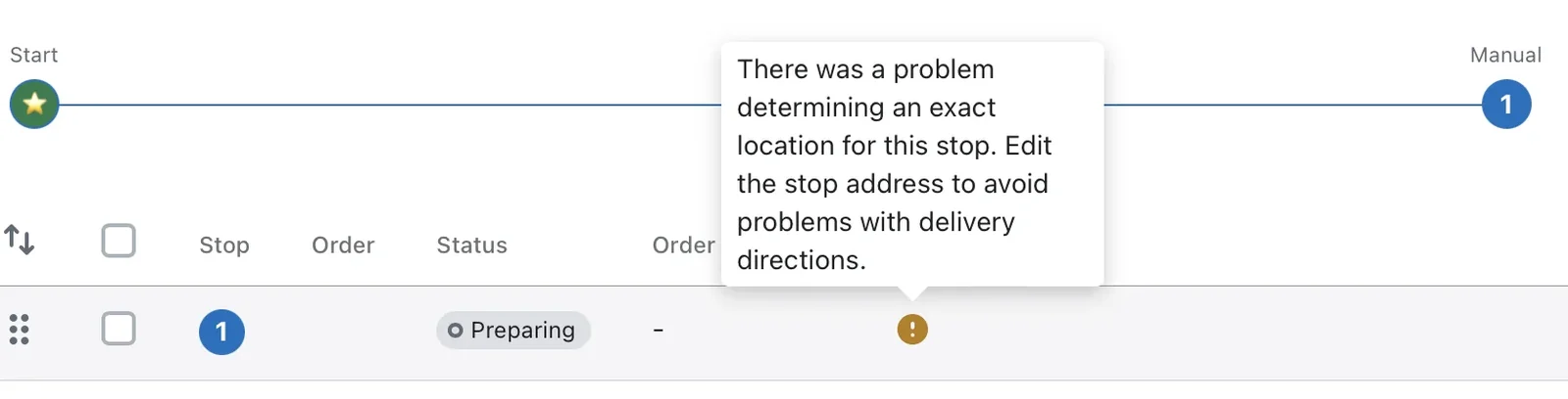 A stop in a route with an amber warning bubble whose tooltip reads “There was a problem determining an exact location for this stop”