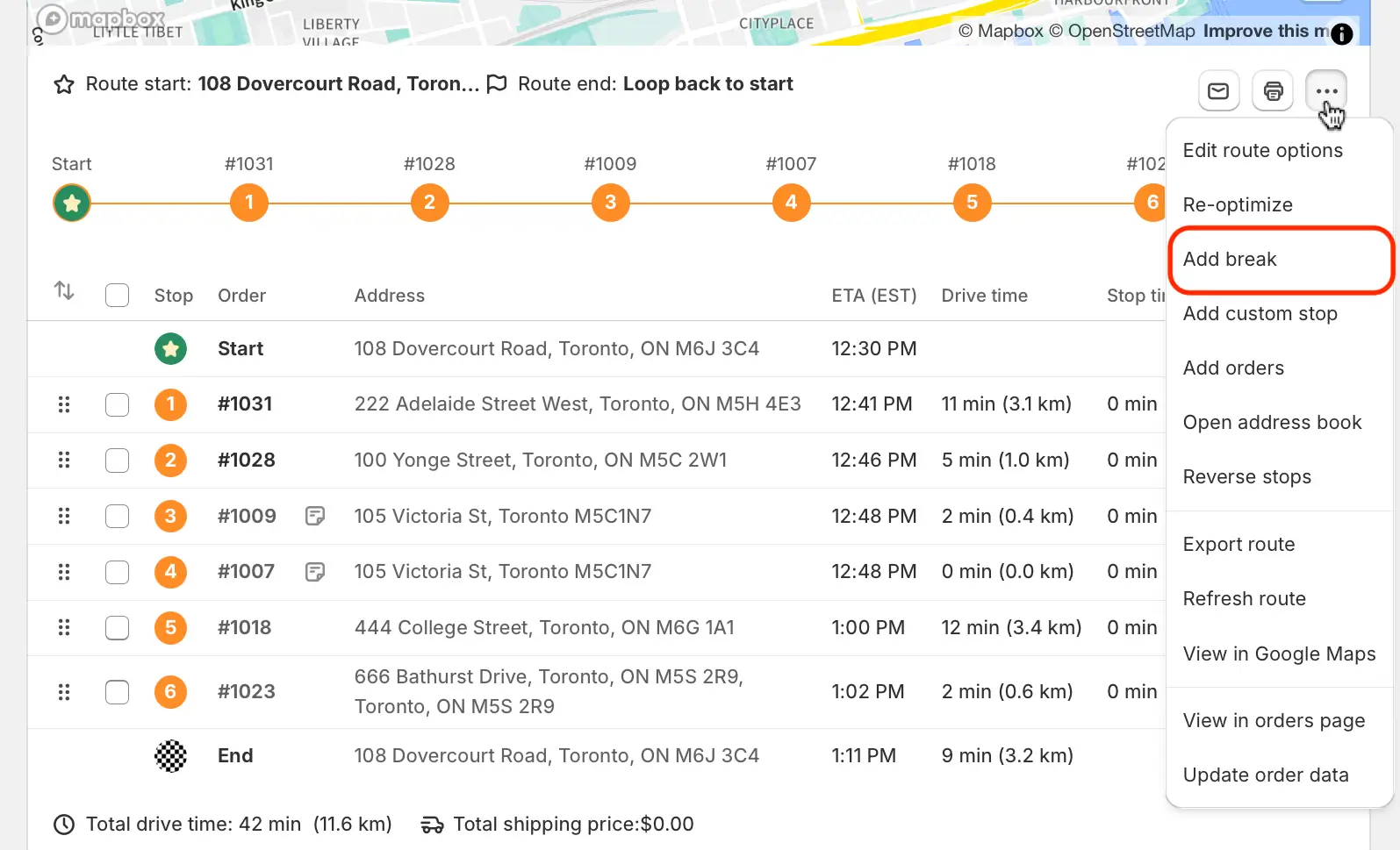 A route page’s three-dots menu opened beside the stop list, with Add break circled in red below Edit route options and Re-optimize