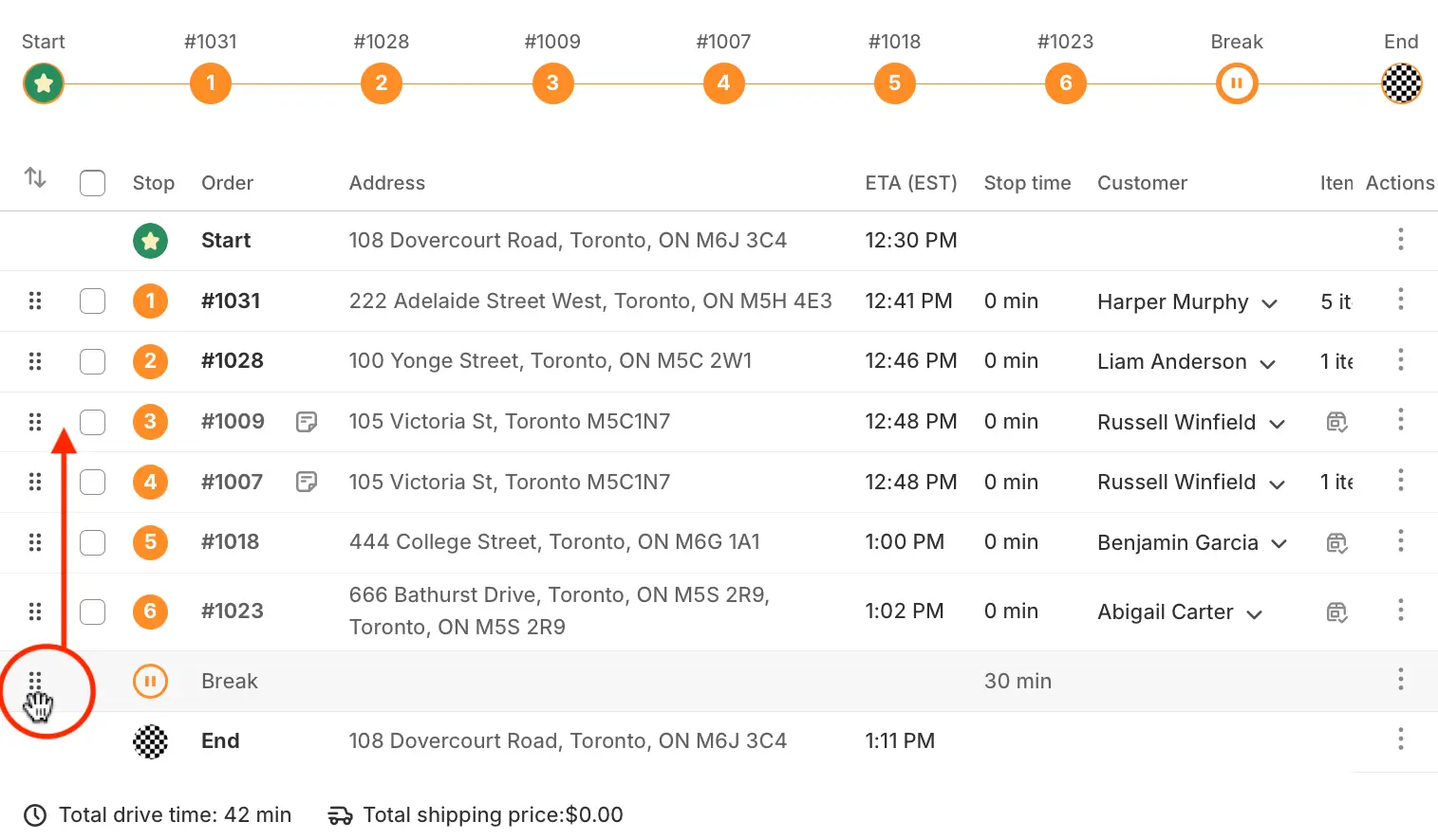 A 30-minute Break row just above the End location in a route’s stop list, its drag handle circled in red with an arrow pointing up the list