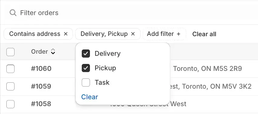 The Orders page Stop type filter open with Delivery and Pickup ticked and Task unticked