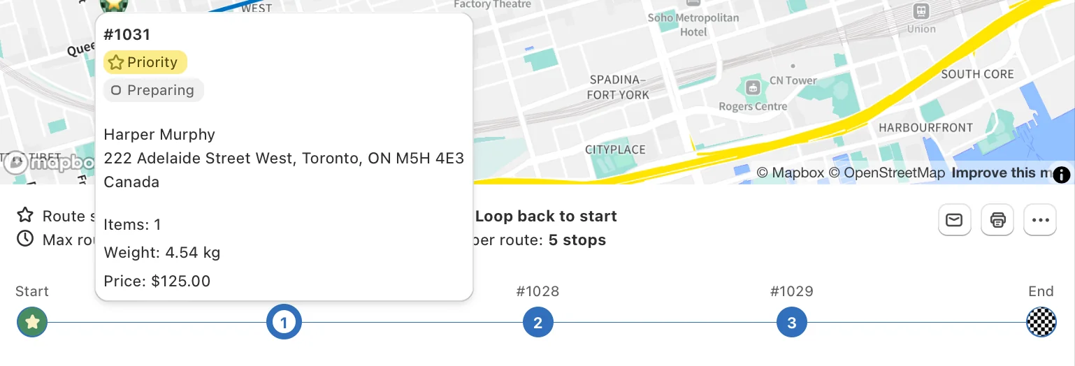 A stop preview on the route map for order #1031 with a yellow Priority badge, and the same stop outlined as number 1 on the route line below