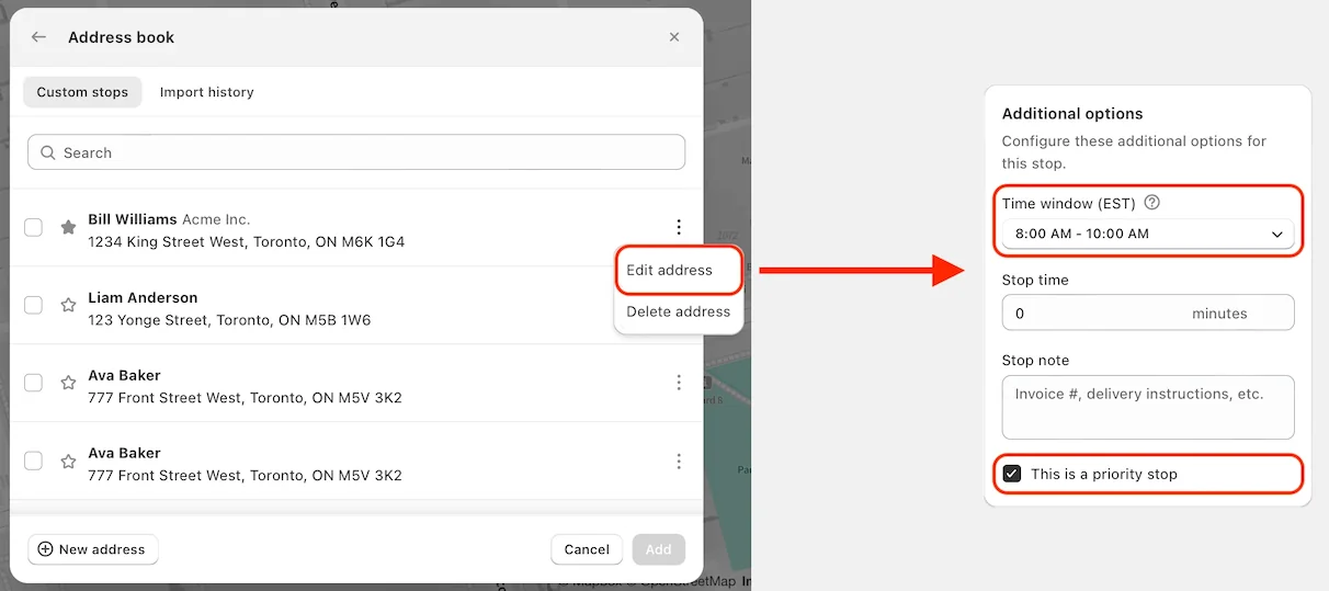 The Address book with Edit address highlighted, an arrow leading to Additional options with Time window and This is a priority stop highlighted