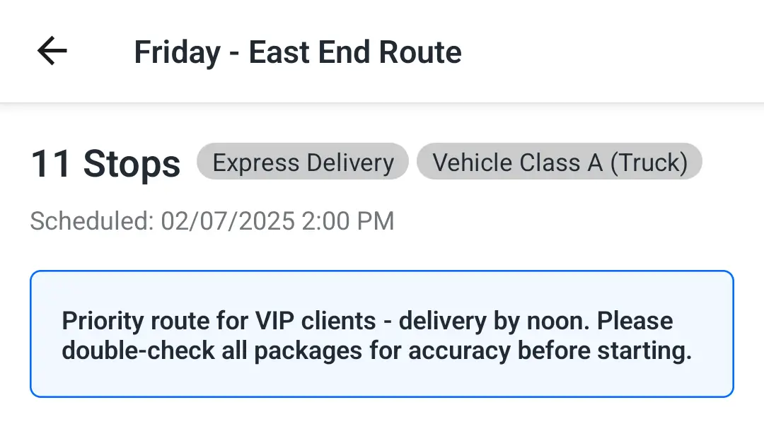 The EasyRoutes driver app route screen for Friday - East End Route, with its tags and a route note about VIP clients and delivery by noon