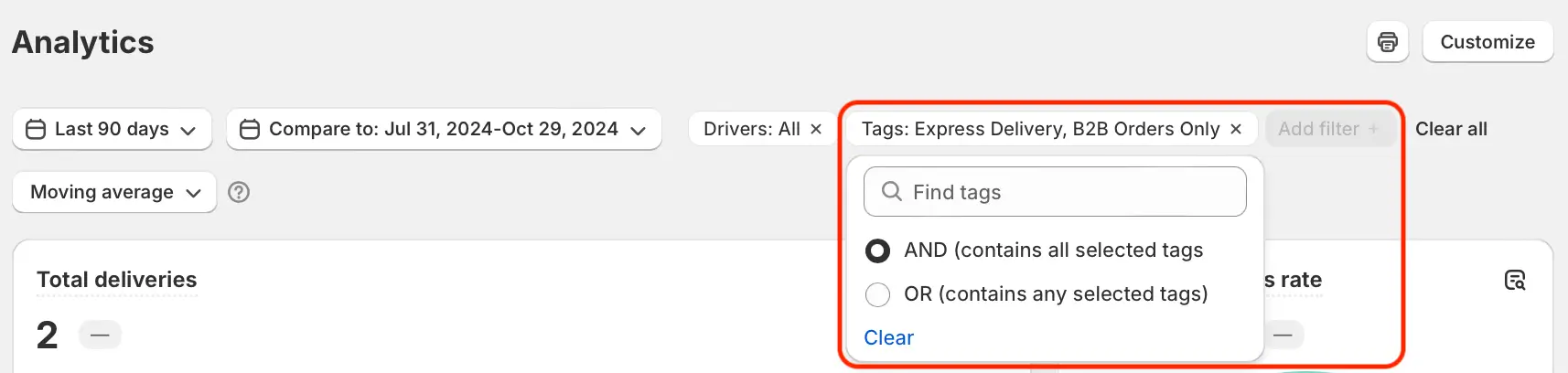 The Analytics page with a Tags: Express Delivery, B2B Orders Only filter highlighted, its menu offering AND and OR matching