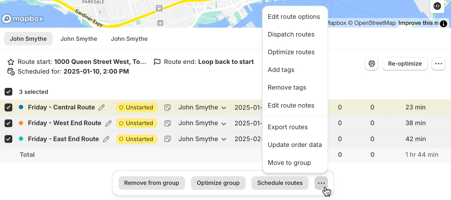 A Route Group summary with three routes selected and the bulk actions menu open, listing Edit route options, Dispatch routes, Optimize routes and more