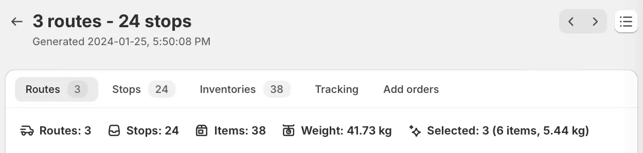 The statistics bar at the top of a Route Group, showing Routes: 3, Stops: 24, Items: 38, Weight: 41.73 kg and a Selected count