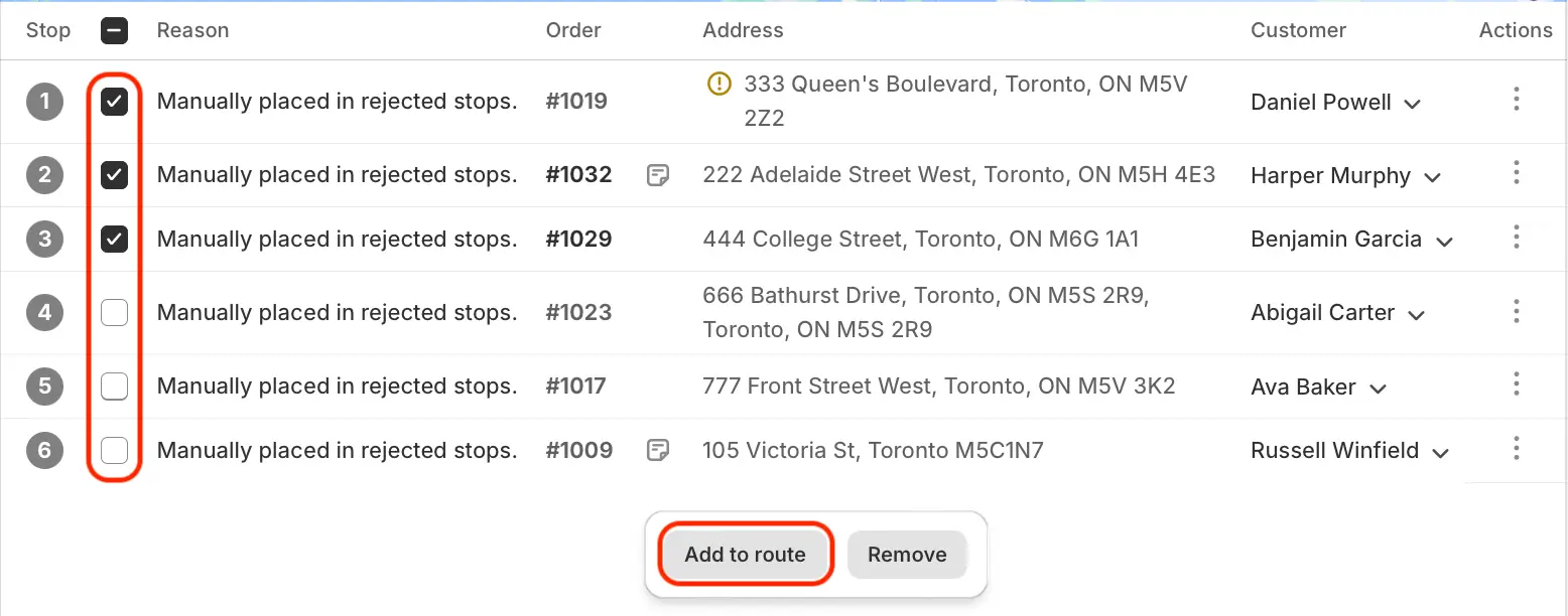 The Rejected stops tab listing six stops “Manually placed in rejected stops.”, with three checked and the Add to route button circled in red