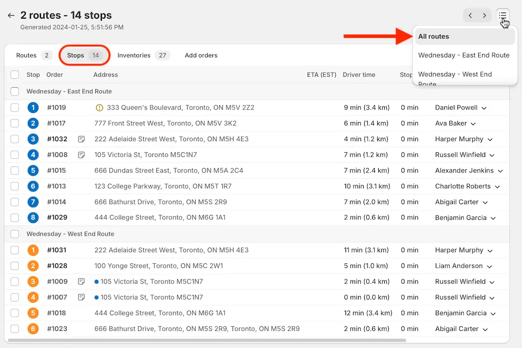 The new Stops tab, circled, in a Route Group’s All routes view, listing 14 stops across the Wednesday East End and West End routes