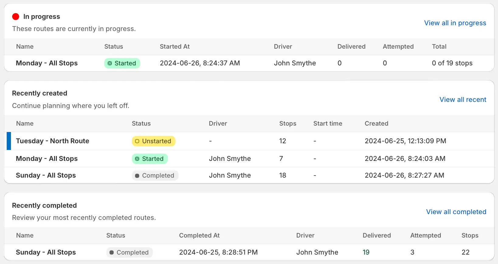 The EasyRoutes Dashboard with In progress, Recently created and Recently completed sections, Started At and Completed At columns, and View all links