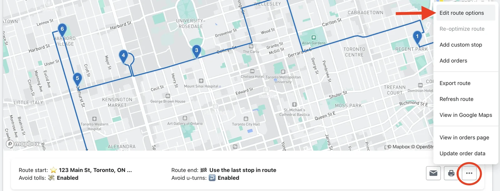A routeโs map with its Action menu button circled and an arrow pointing to Edit route options at the top of the menu