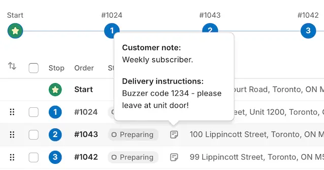 The Route page with a note icon hovered, showing a Customer note and Delivery instructions giving a buzzer code and asking to leave it at the unit door