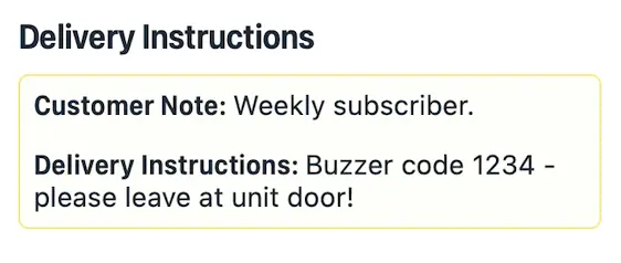 The Delivery Instructions panel in the EasyRoutes driver app, showing the Customer Note and the buzzer-code Delivery Instructions together