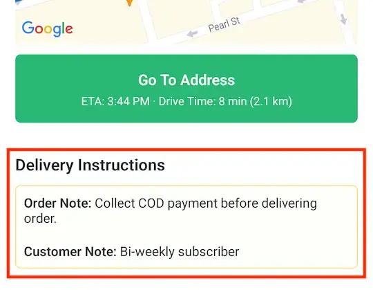 The EasyRoutes driver app stop screen with the Delivery Instructions panel outlined below the Go To Address button, holding an Order Note and Customer Note