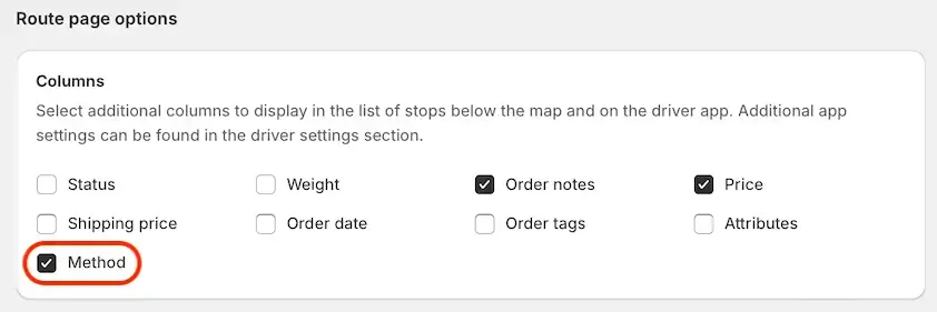 The Route page options Columns settings with the new Method checkbox ticked and circled