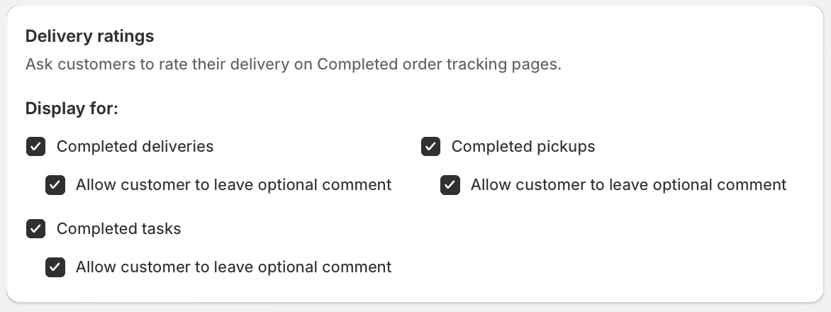 The Delivery ratings settings with Completed deliveries, Completed pickups and Completed tasks ticked, each allowing an optional customer comment