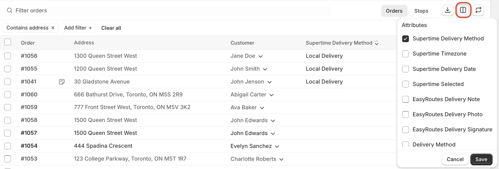 The EasyRoutes Orders page with the attribute columns button circled and its Attributes list open, Supertime Delivery Method ticked and shown as its own column