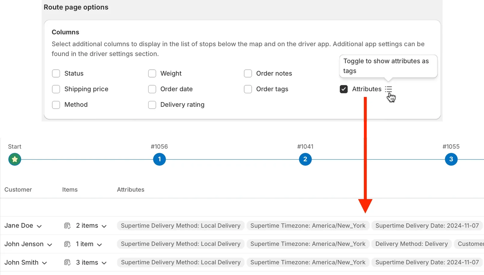 Route page options with Attributes ticked and its “Toggle to show attributes as tags” icon clicked, an arrow down to stops showing each attribute as a tag