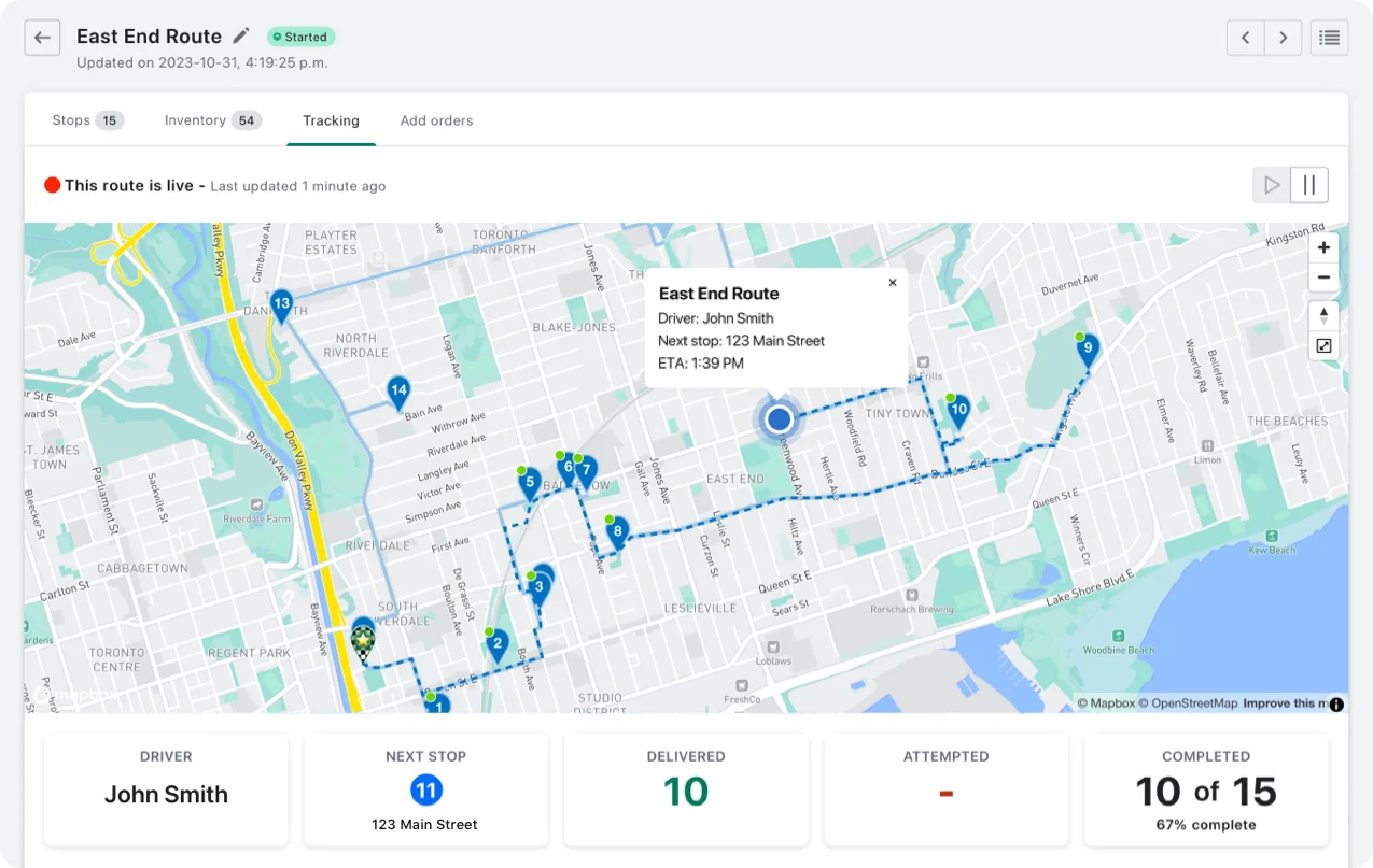 The Tracking tab of a started East End Route, showing the driver’s live location on the map with next stop and ETA, and 10 of 15 stops completed