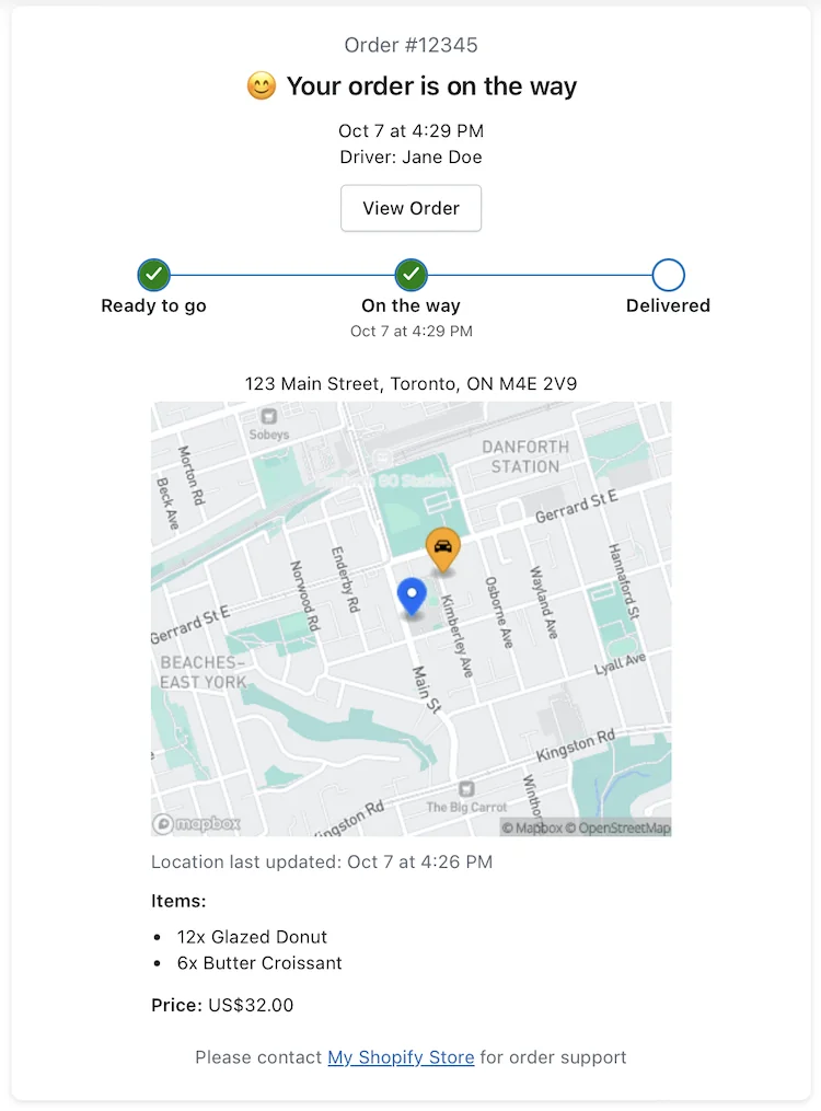 A customer order tracking page reading “Your order is on the way”, with an orange car pin showing the driver near the delivery address on the map