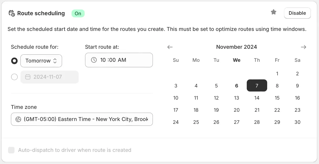 The Route scheduling route option with “Schedule route for” set to Tomorrow instead of a fixed date, starting at 10:00 AM Eastern Time