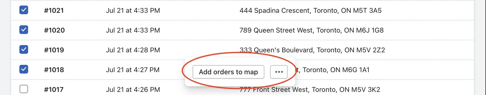 The EasyRoutes Orders page with four orders selected and the floating Add orders to map button circled in red